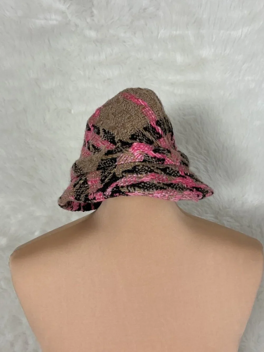 Misa Harada Millinery Wool Blend Pink Brown Black Tweed Houndstooth Bucket Hat